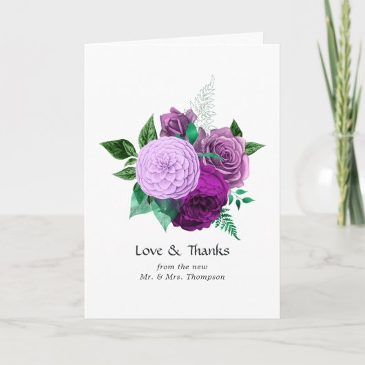 Paars en groene Waterverf Floral Wedding Bedankkaart (Voorkant)