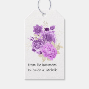 Paars en ivoor bloemmotief cadeaulabel