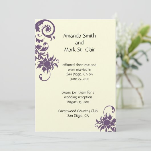 Paars en ivoor trouwreceptie uitnodiging (Staand voorkant)