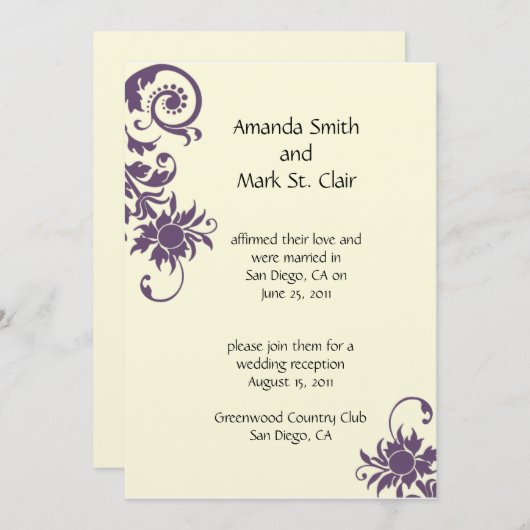 Paars en ivoor trouwreceptie uitnodiging (Voorkant / Achterkant)