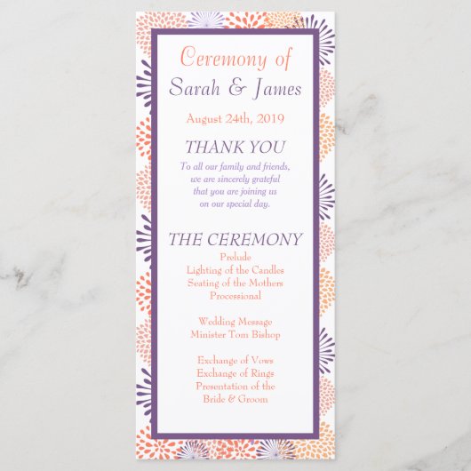 Paars en koraal Floral Blossoms Wedding Ceremonie Programmakaart (Voorkant)