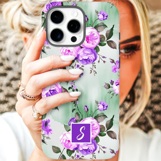 Paars en lavendelkleurig monogram bloemmotief Case-Mate iPhone case