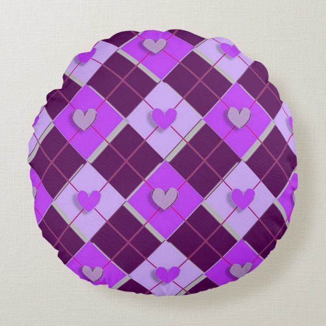 Paars en lavender Argyle Hearts Rond Kussen (Voorkant)