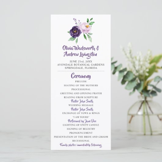 Paars- en lavender-programma voor het huwelijk programmakaart (Staand voorkant)