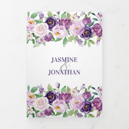 Paars en lavender Waterverf Rozen bruiloft | Drieluik Uitnodiging (Cover)