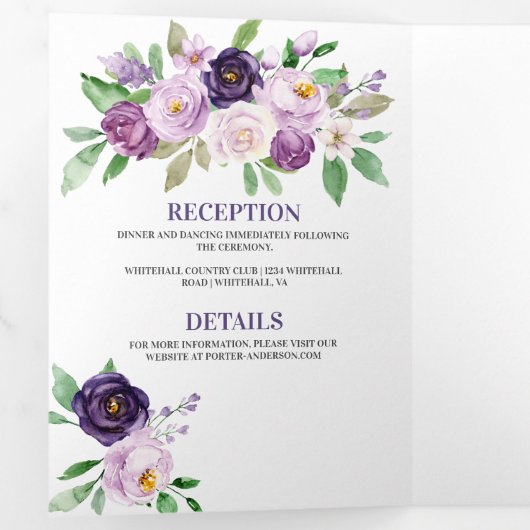 Paars en lavender Waterverf Rozen bruiloft | Drieluik Uitnodiging (Binnenzijde eerst)