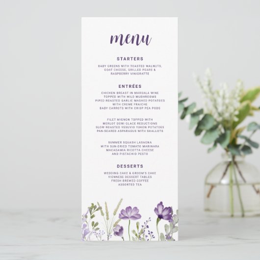 Paars en lavender Wildflower Floral Weddenschap Menu (Staand voorkant)