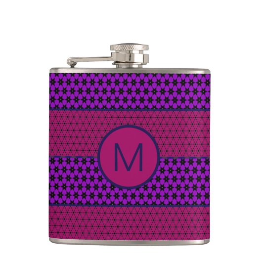 Paars en Magenta Patroon Gestreepte Monogram Heupfles (Voorkant)