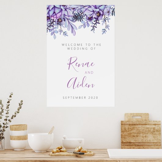 Paars en Mauve floral welkomstteken Poster (Keuken)