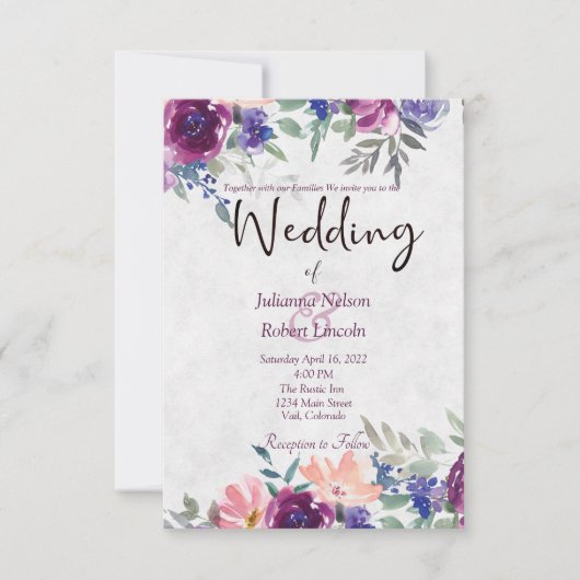 Paars en oranje aquarel bloem bruiloft uitnodiging (Voorkant)