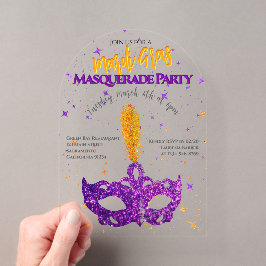 Paars en Oranje Glitters Masker Mardi Gras Feest  Acryl Uitnodigingen