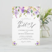 paars en perziken waterverf florale bruiloft kaart (Staand voorkant)