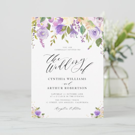 paars en perziken waterverf florale bruiloft kaart (Staand voorkant)