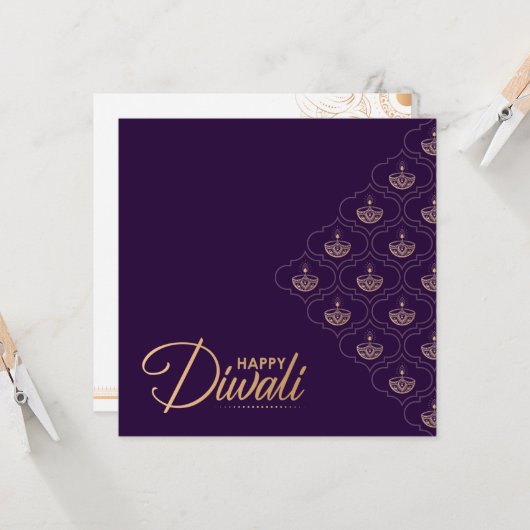 Paars en Roos goud ornament Happy Diwali Kaart (Voorkant / Achterkant in situ)