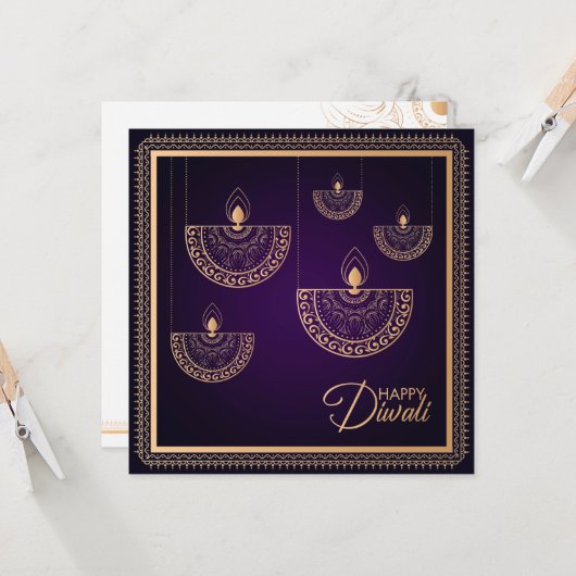 Paars en Roos ornament Happy Diwali Kaart (Voorkant / Achterkant in situ)
