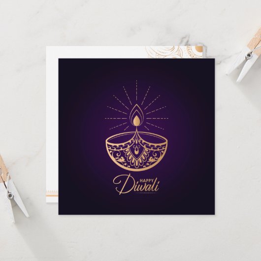 Paars en Roos ornament Happy Diwali Kaart (Voorkant / Achterkant in situ)