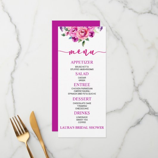 Paars en roze bloem Vrijgezellenfeest Voedsel Menu (Voorkant / Achterkant in situ)