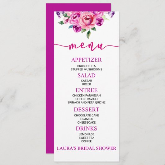 Paars en roze bloem Vrijgezellenfeest Voedsel Menu (Voorkant / Achterkant)