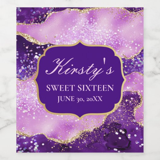 Paars en roze Glitter Geode Agate Sweet 16 Wijn Etiket (Enkel label)