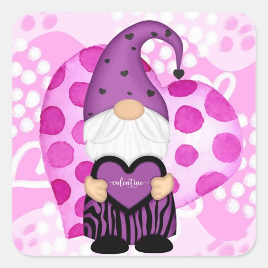Paars en roze pokstip Valentijn Gnome Vierkante Sticker (Voorkant)