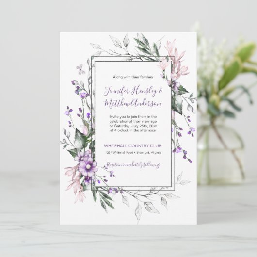 Paars en Roze Waterverf Bloem Bruiloft Kaart (Staand voorkant)