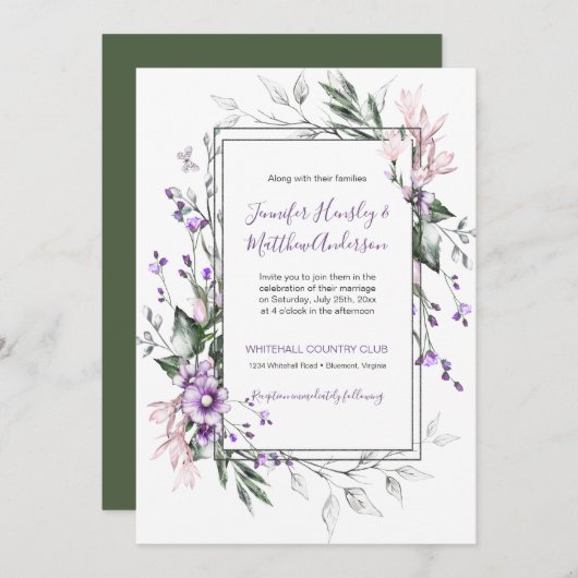 Paars en Roze Waterverf Bloem Bruiloft Kaart (Voorkant / Achterkant)