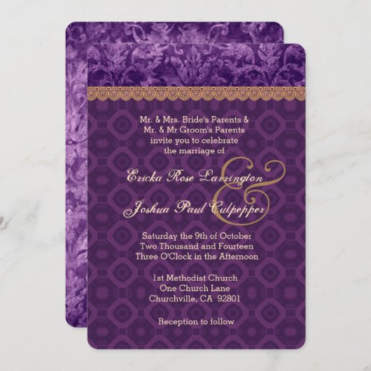 Paars en Tan Damask Wedding V16 Kaart (Voorkant / Achterkant)