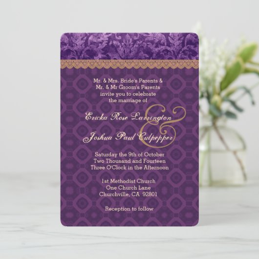 Paars en Tan Damask Wedding V16 Kaart (Staand voorkant)