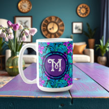 Paars en turkooisblauw bloemmotief gepersonaliseer
