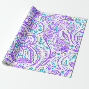 Paars en turkooispaisleypatroon op wit cadeaupapier