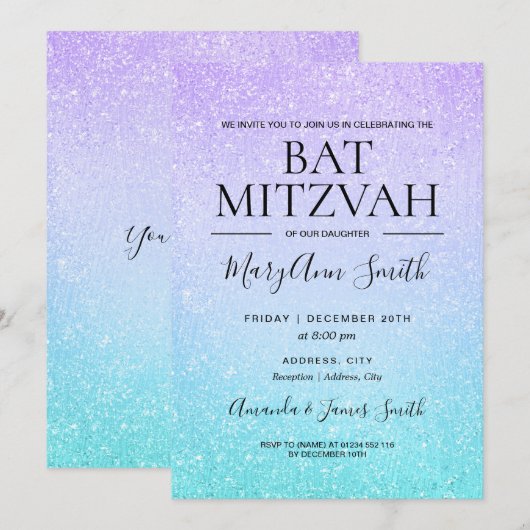 Paars en Turquoise Bat Mitzvah Faux Glitter Paint Kaart (Voorkant / Achterkant)