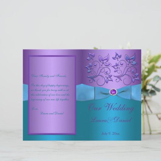 Paars en Turquoise Floral Wedding Programme (Staand voorkant)