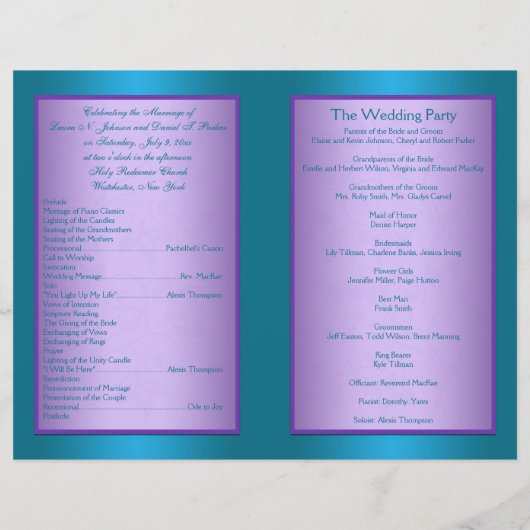 Paars en Turquoise Floral Wedding Programme (Achterkant)