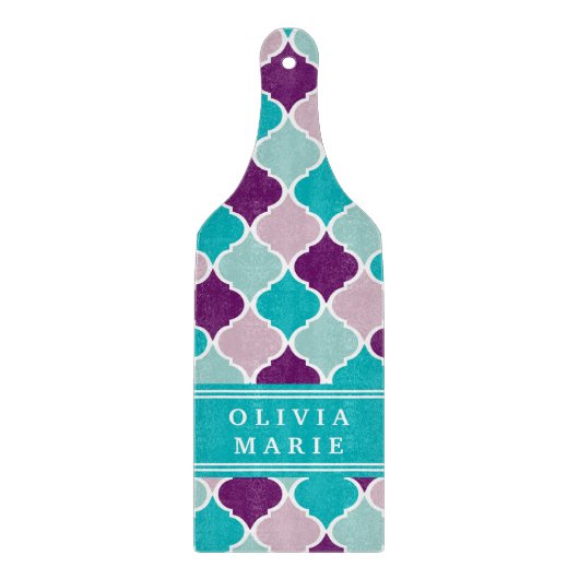 Paars en Turquoise Lattice Pattern met naam Snijplank (Voorkant)