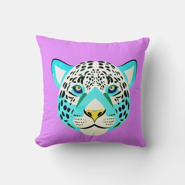 Paars en Turquoise Leopard Sierkussen (Voorkant)