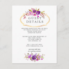 Paars en Violet Floral Wedding Guest Details Informatiekaartje