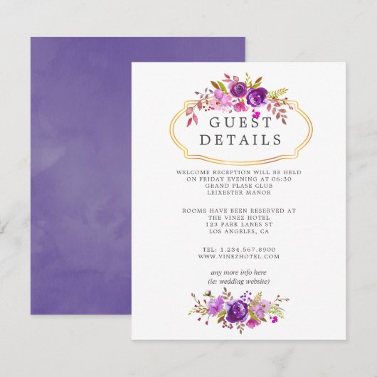 Paars en Violet Floral Wedding Guest Details Informatiekaartje (Voorkant / Achterkant)