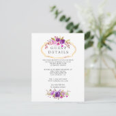 Paars en Violet Floral Wedding Guest Details Informatiekaartje (Staand voorkant)