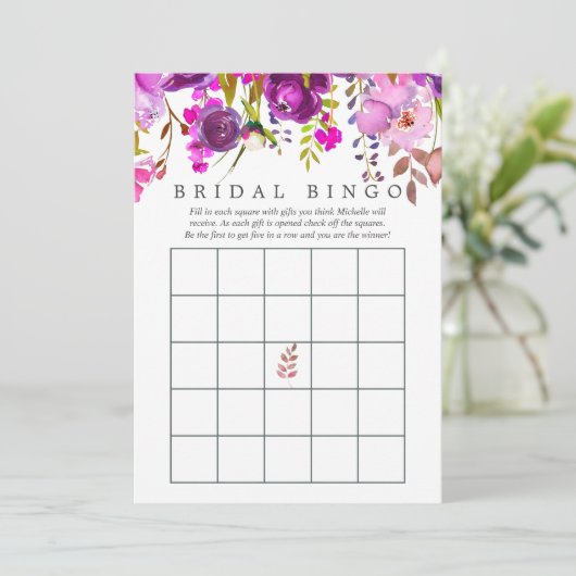 Paars en Violet Waterverf Vrijgezellenfeest Bingo Kaart (Staand voorkant)