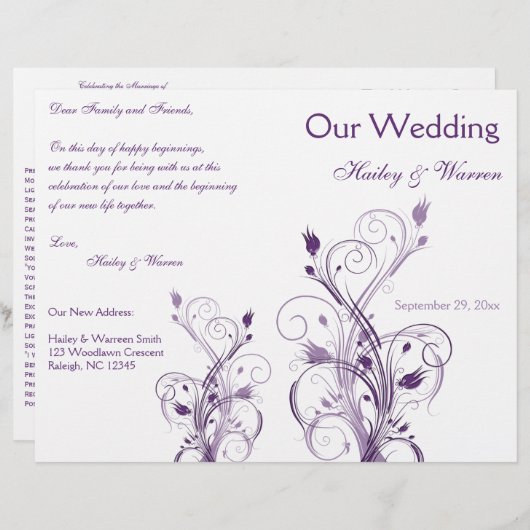 Paars en White Floral Wedding Programme (Voorkant / Achterkant)