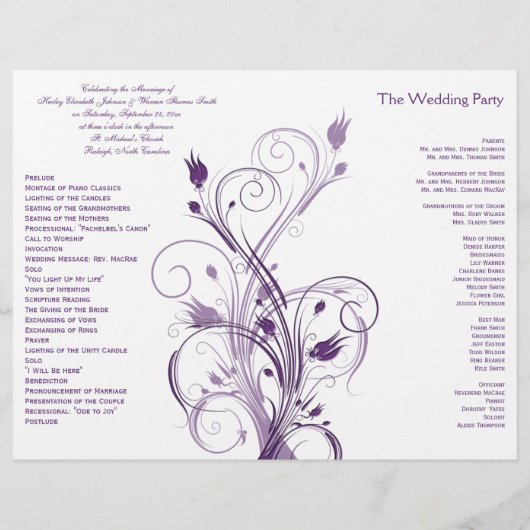 Paars en White Floral Wedding Programme (Achterkant)
