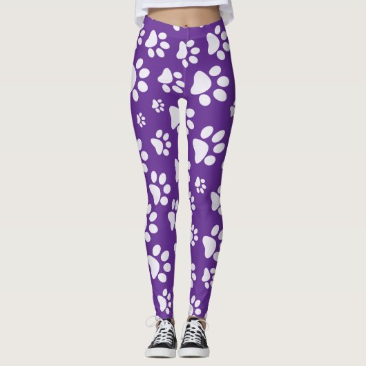 Paars en White PawPrint Pop Mode Leggings (Voorkant)