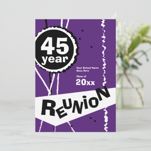 Paars en wit 45 jaar klassenreünie kaart (Staand voorkant)