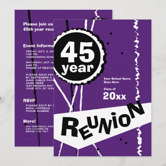 Paars en wit 45 jaar klassenreünie kaart (Voorkant / Achterkant)