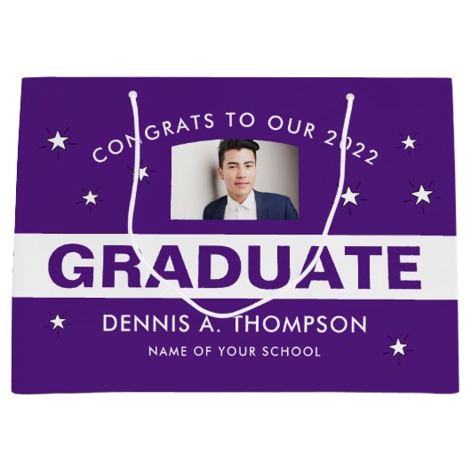 Paars en wit Afstuderen Foto aangepast Groot Cadeauzakje (Voorkant)