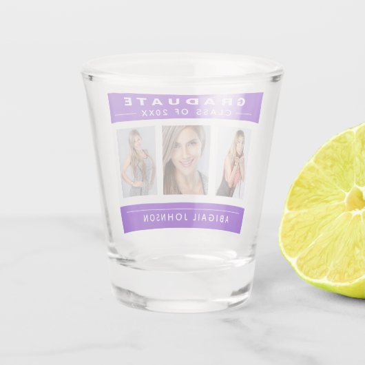 Paars en wit Afstuderen Foto Collage Shot Glas (Achterkant)