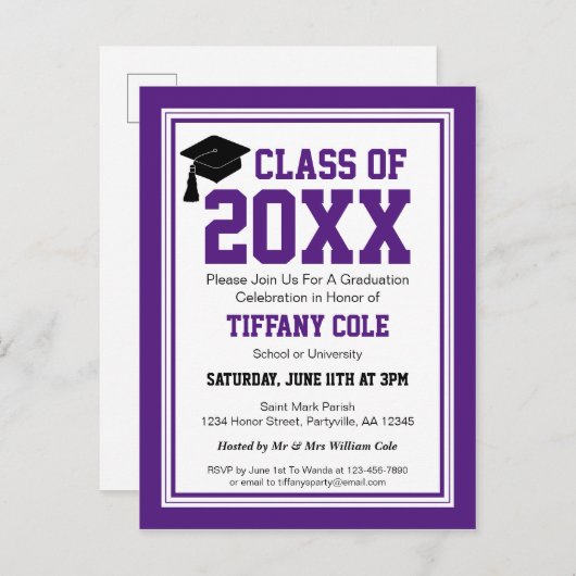 Paars en wit Afstuderen Jaar Uitnodiging Briefkaart (Voorkant / Achterkant)
