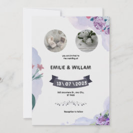 Paars en Wit Aquarel Trouw Uitnodiging