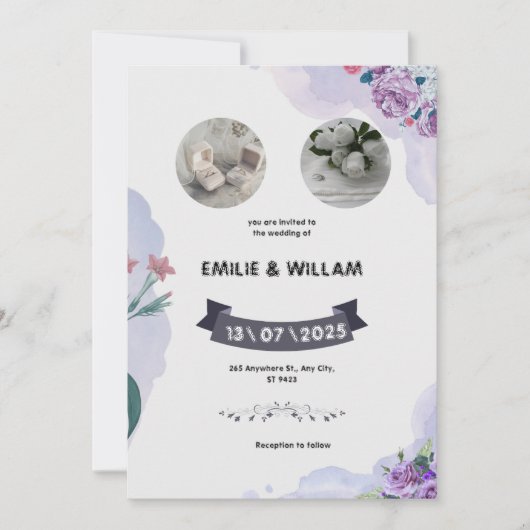 Paars en Wit Aquarel Trouw Uitnodiging (Voorkant)