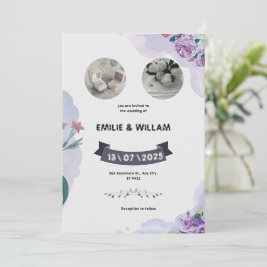 Paars en Wit Aquarel Trouw Uitnodiging (Staand voorkant)